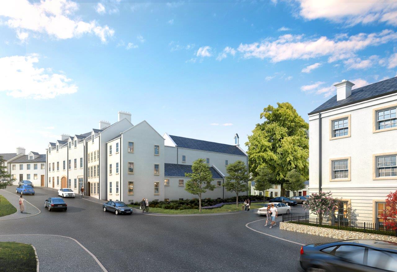 This image shows a street level render of the St. Clare's development.